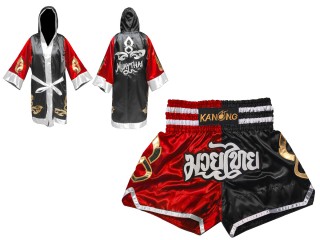 Custom Boxing Robe + Muay Thai Shorts : 143-Red-Black