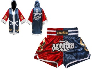 Custom Boxing Robe + Muay Thai Shorts : 143-Red-Navy