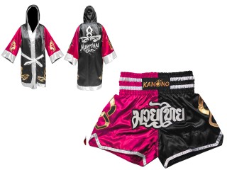 Custom Boxing Robe + Muay Thai Shorts : 143-Rose-Black