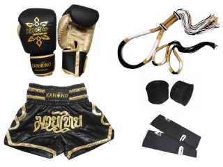 Matching Boxing Gloves and Kickboxing Shorts with Muay Thai Gear : Set-121-Black