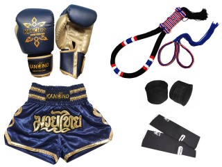 Matching Boxing Gloves and Kickboxing Shorts with Muay Thai Gear : Set-121-Navy