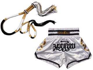 Mongkol Prajead set with Muay Thai Shorts : Mongkol-ThaiStyle-White-Black-Gold-143-White