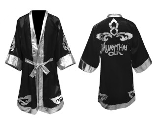 Customize Kanong Muay Thai Fight Robe costume: Black-Silver Lai Thai