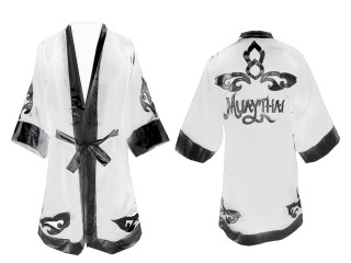 Customize Kanong Muay Thai Fight Robe costume: White-Black Lai Thai