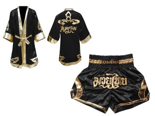 Custom Boxing Robe + Thai Boxing Shorts  : Set-144-Black-Gold