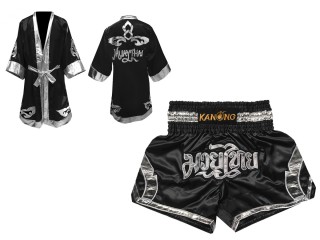 Custom Boxing Robe + Thai Boxing Shorts  : Set-144-Black-Silver