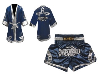 Custom Boxing Robe + Thai Boxing Shorts  : Set-144-Navy