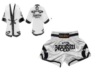 Custom Boxing Robe + Thai Boxing Shorts  : Set-144-White