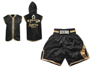 Custom Boxing Hoodies Jacket + Boxing Shorts : KNCUSET-008-Black-Gold