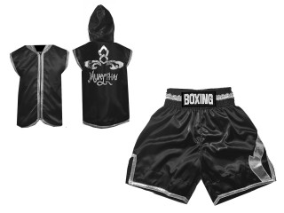 Customized Boxing Hoodies Jacket + Boxing Shorts : KNCUSET-008-Black-Silver