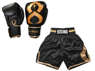 Bangkok Gift - Real Leather Gloves and Custom Boxing Shorts : KNCUSET-201-Black-Gold