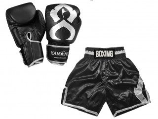 Bangkok Gift - Real Leather Gloves and Custom Boxing Shorts : KNCUSET-201-Black-Silver