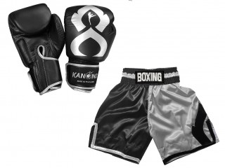 Bangkok Gift - Real Leather Gloves and Custom Boxing Shorts : KNCUSET-202-Black-Silver