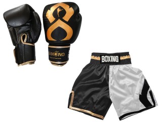 Bangkok Gift - Real Leather Gloves and Custom Boxing Shorts : KNCUSET-202-Black-White