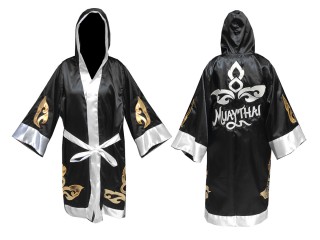 Personalized Muay Thai Fight Robe costume with hood : KNFIR-143-Black