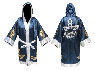 Personalized Muay Thai Fight Robe costume with hood : KNFIR-143-Navy