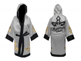 Personalized Muay Thai Fight Robe costume with hood : KNFIR-143-Silver
