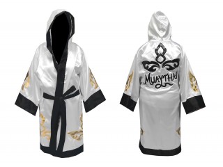 Personalized Muay Thai Fight Robe with hood :KNFIR-143-White
