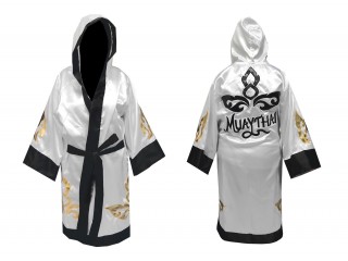 Personalized Muay Thai Fight Robe costume with hood :KNFIR-143-White