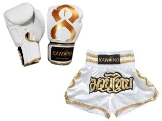 Bangkok Gift - Real Leather Muay Thai Gloves and Custom Muay Thai Shorts : Set-121-Thaikick-White