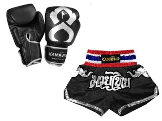 Bangkok Gift - Real Leather Muay Thai Gloves and Custom Muay Thai Shorts : Set-125-Gloves-Thaikick-Black