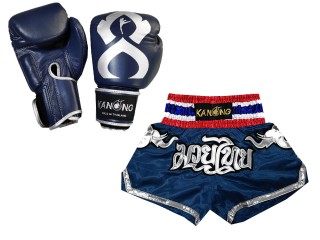 Bangkok Gift - Real Leather Muay Thai Gloves and Custom Muay Thai Shorts : Set-125-Gloves-Thaikick-Navy