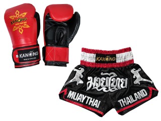Bangkok Gift - Real Leather Muay Thai Gloves and Custom Muay Thai Shorts : Set-133-Gloves-Black