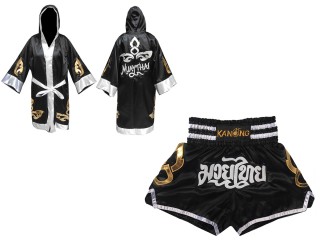 Custom Boxing Robe + Thai Boxing Shorts  : Set-143-Black