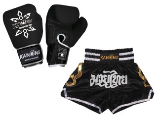 Bangkok Gift - Real Leather Muay Thai Gloves and Custom Muay Thai Shorts : Set-143-Gloves-Black