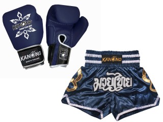 Bangkok Gift - Real Leather Muay Thai Gloves and Custom Muay Thai Shorts : Set-143-Gloves-Navy