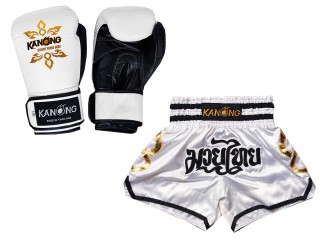 Bangkok Gift - Real Leather Muay Thai Gloves and Custom Muay Thai Shorts : Set-143-Gloves-White