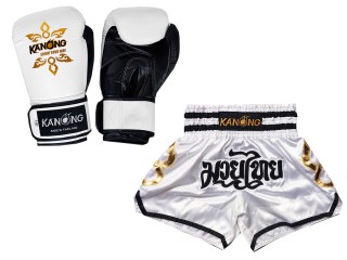 Bangkok Gift - Muay Thai Gloves and Personalised Muay Thai Shorts : Set-143-Gloves-White