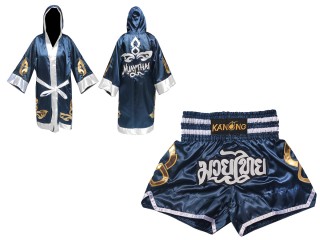 Custom Boxing Robe + Thai Boxing Shorts  : Set-143-Navy