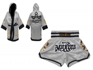 Custom Boxing Robe + Thai Boxing Shorts  : Set-143-Silver