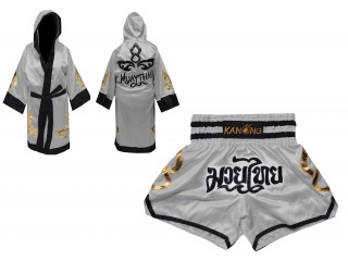 Custom Boxing Robe + Muay Thai Shorts  : Set-143-Silver