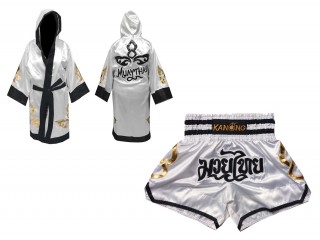 Custom Boxing Robe + Thai Boxing Shorts  : Set-143-White