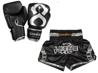 Bangkok Gift - Real Leather Muay Thai Gloves and Custom Muay Thai Shorts : Set-144-Gloves-Black-Silver