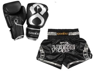 Bangkok Gift - Muay Thai Gloves and Custom Muay Thai Shorts : Set-144-Gloves-Black-Silver