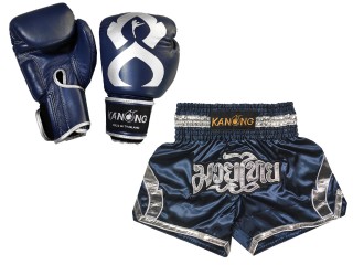 Bangkok Gift - Real Leather Muay Thai Gloves and Custom Muay Thai Shorts : Set-144-Gloves-Navy