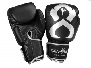 Kanong Real Leather Thai Boxing Gloves : "Thai Kick" Black-Silver