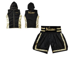 Custom Boxing Hoodies Jacket + Boxing Shorts : KNCUSET-007-Black-Gold