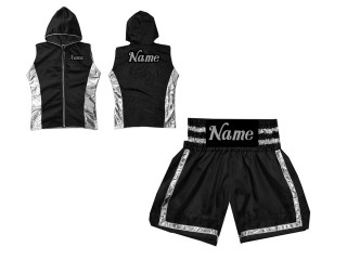 Custom Boxing Hoodies Jacket + Boxing Shorts : KNCUSET-007-Black-Silver