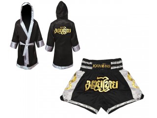 Custom Boxing Robe + Thai Boxing Shorts  : Set-141-Black