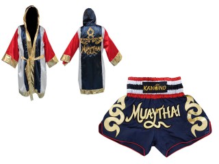 Thailand Souvenir - Boxing Robe + Muay Thai Shorts  : Set-120-Robe-Navy