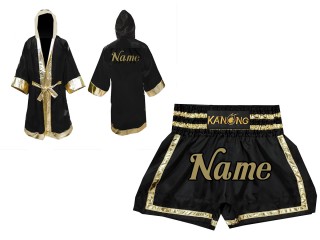 Custom Boxing Robe + Mens Muay Thai Shorts  : Set-140-Black-Gold