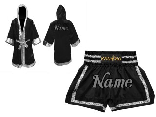Custom Boxing Robe + Mens Muay Thai Shorts  : Set-140-Black-Silver
