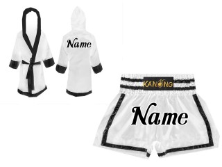 Custom Boxing Robe + Thai Boxing Shorts  : Set-140-White-Black