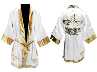 Personalized Muay Thai Fight Robe costume: White Lai Thai