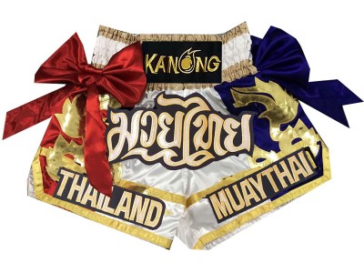 Muay Thai Shorts with ribbons : KNS-128-White