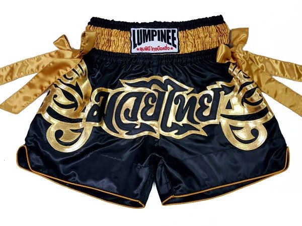 ir al trabajo Histérico pared Mens Muay Thai Boxing Shorts with Ribbons : LUM-051-Black-Gold |  MuayThaiGloves.com